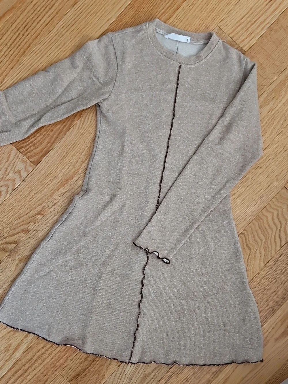 Zara Neutral Tan Long Sleeve Knit Dress with Contrast Stitching